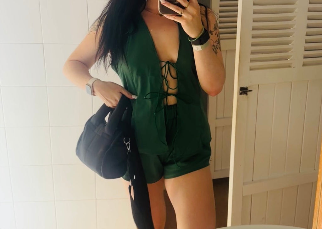 Green outfit with Nylon handbag