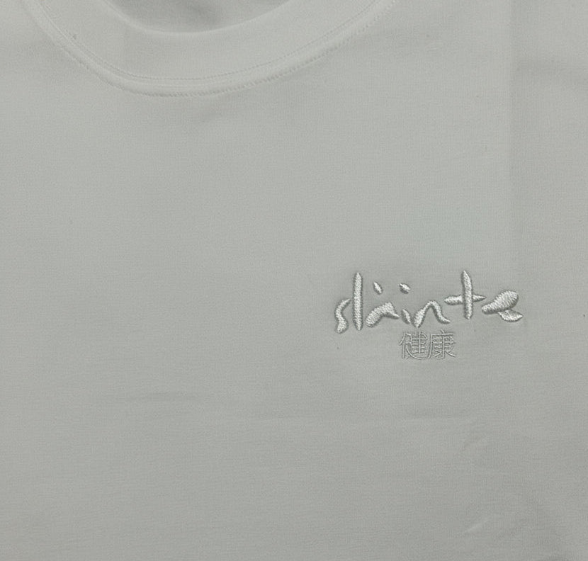 white t-shirt with a logo on a plain background